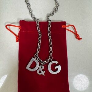 D&G Silver Logo Chain Necklace with Red Velvet Pouch